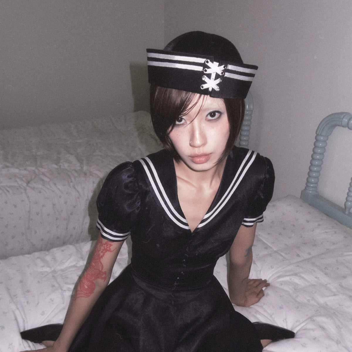 BeatleLady Satin Lace-Up Sailor Hat - Navy modeled close-up