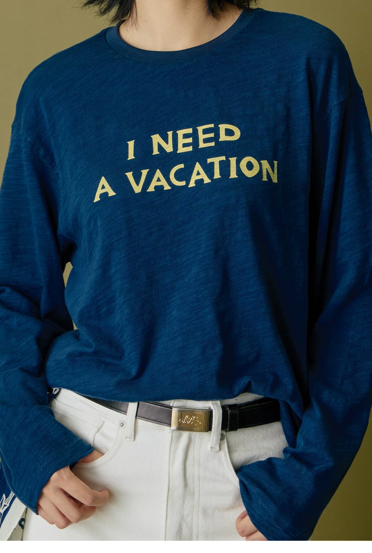 I Need A Vacation Slub Cotton Long Sleeve Tee - Navy front