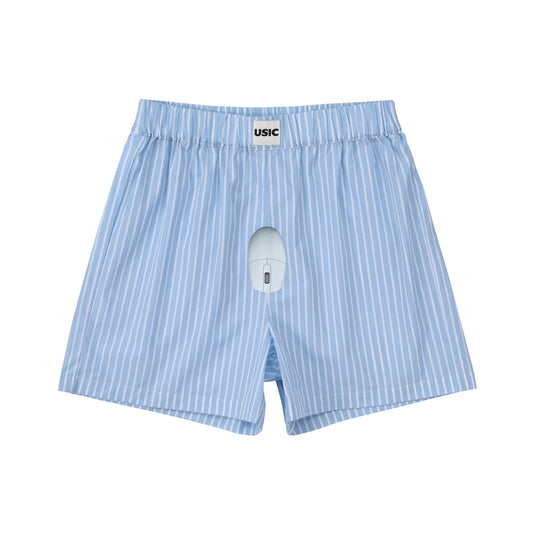 USIC sky blue striped cotton boxer shorts with mouse graphic, front view