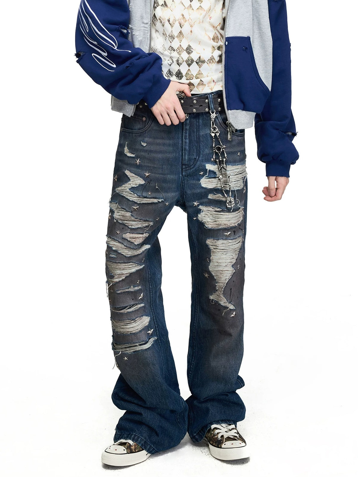 PEOPLESENSE Star Studded Distressed Flared Jeans - front styling