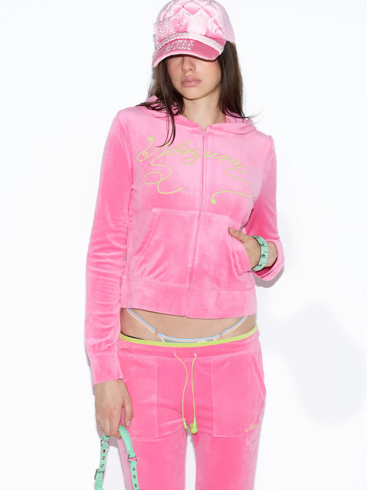 NORGIRA Embroidered Velour Zip Hoodie - pink velour zip hoodie front modeled