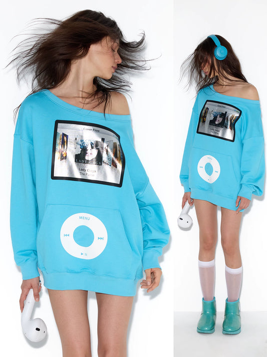 Blue off-shoulder sweatshirt metallic screen graphic