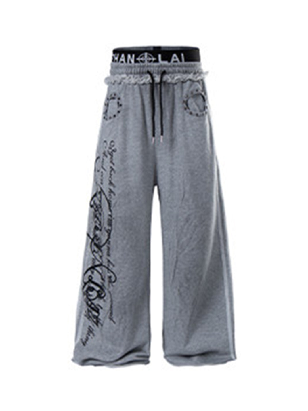 BIGGOLD Studded Fake Two-Piece Double Waist Script Printed Sweatpants - view 11