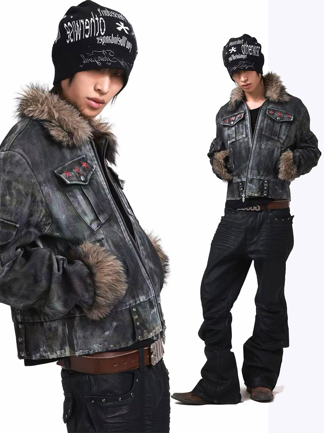 DETW Asymmetric Distressed Studded Fur Collar Jacket - view 12