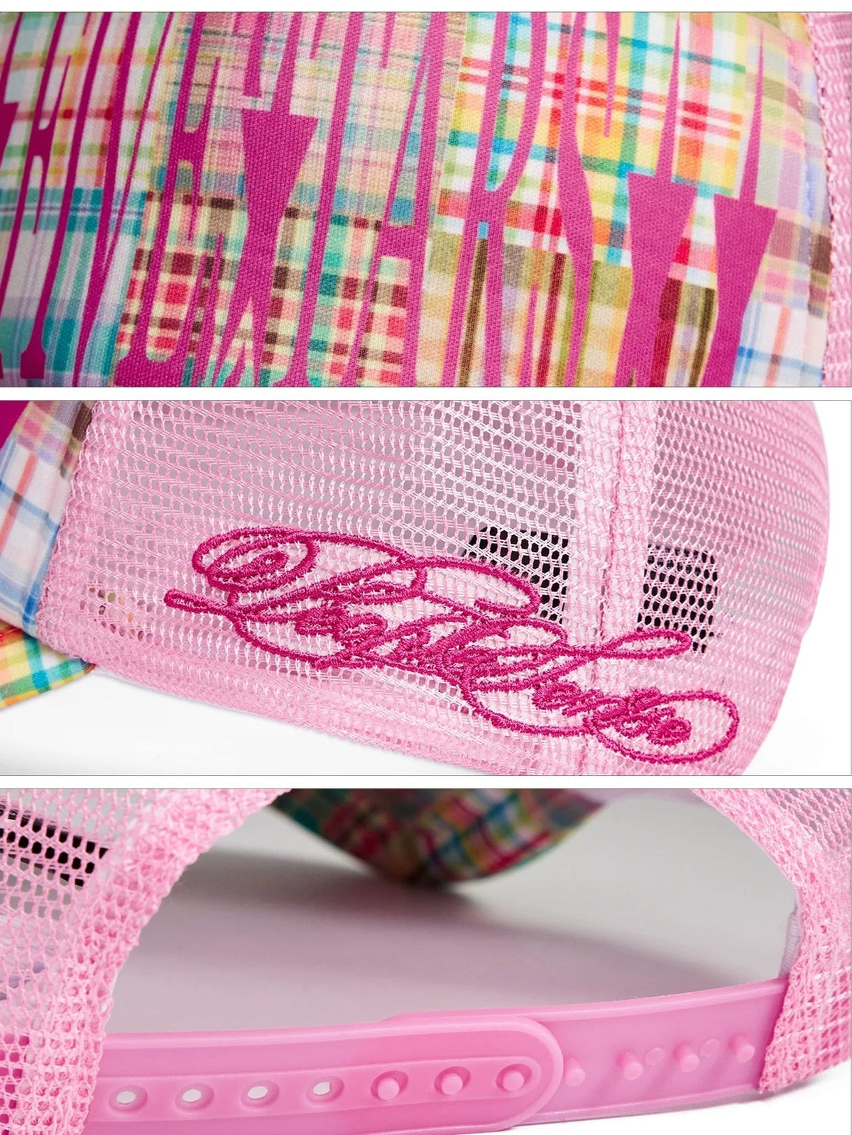 PEOPLESENSE Pink Plaid Flocked Embroidered Mesh Trucker Cap - detail close-ups