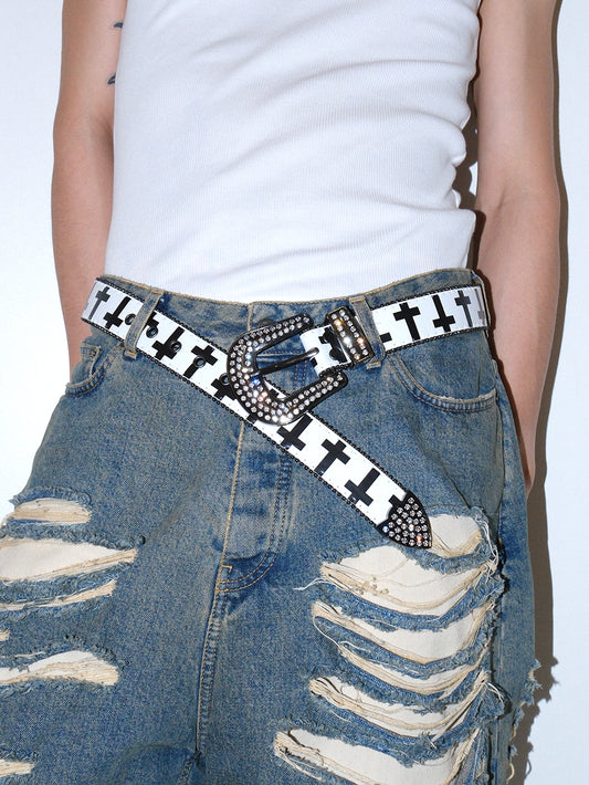 Y2K Gothic Rhinestone Cross Leather Belt