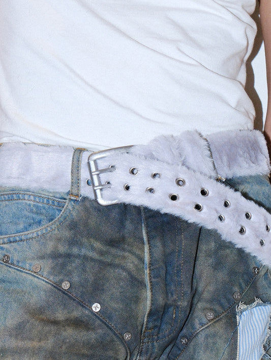Y2K Long Hair Fur Leather Studded Belt