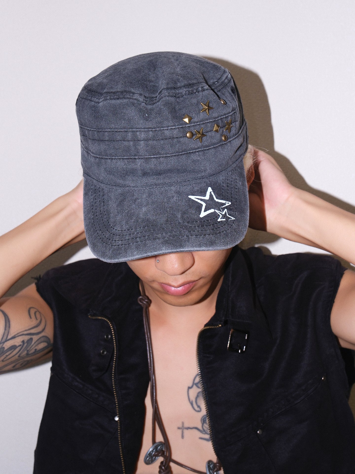 Star Studded Distressed Flat Baseball Cap