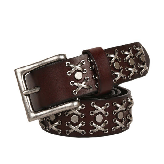 Genuine Leather Thorn Carved Studded Belt