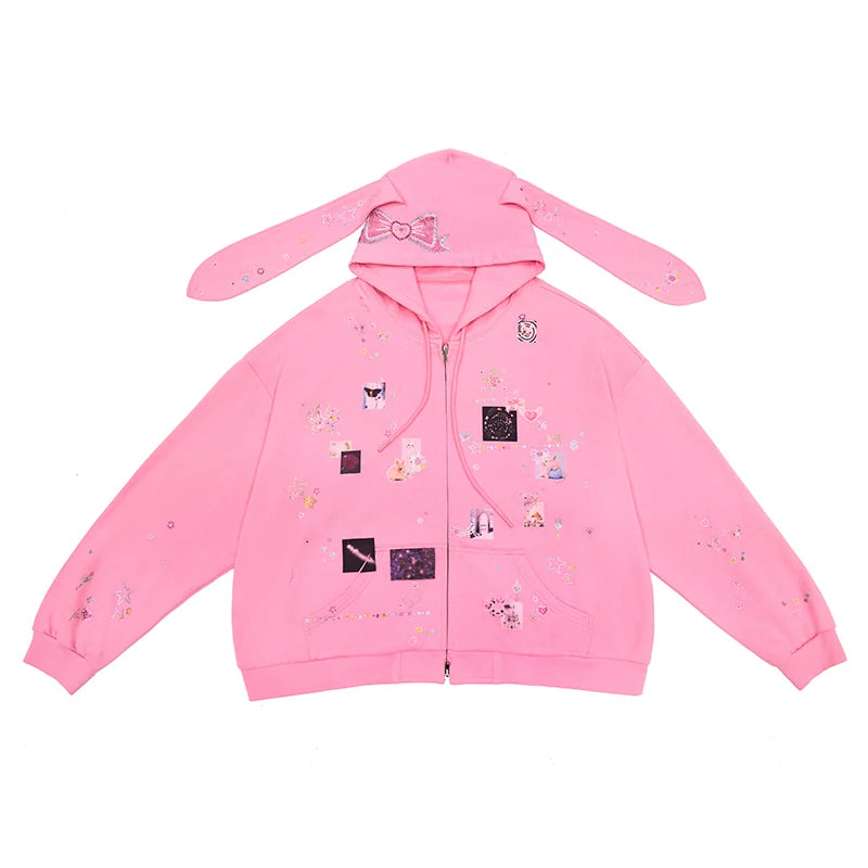 CFIERCE Rhinestone Rabbit-Ear Zip Hoodie - SKU图_5_粉色 现货
