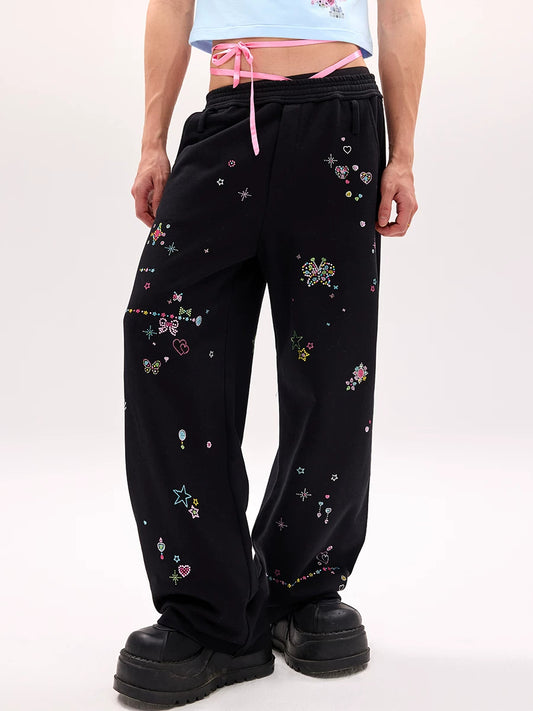 CFIERCE Scattered Rhinestone Wide-Leg Sweatpants - black scattered rhinestone sweatpants worn close front