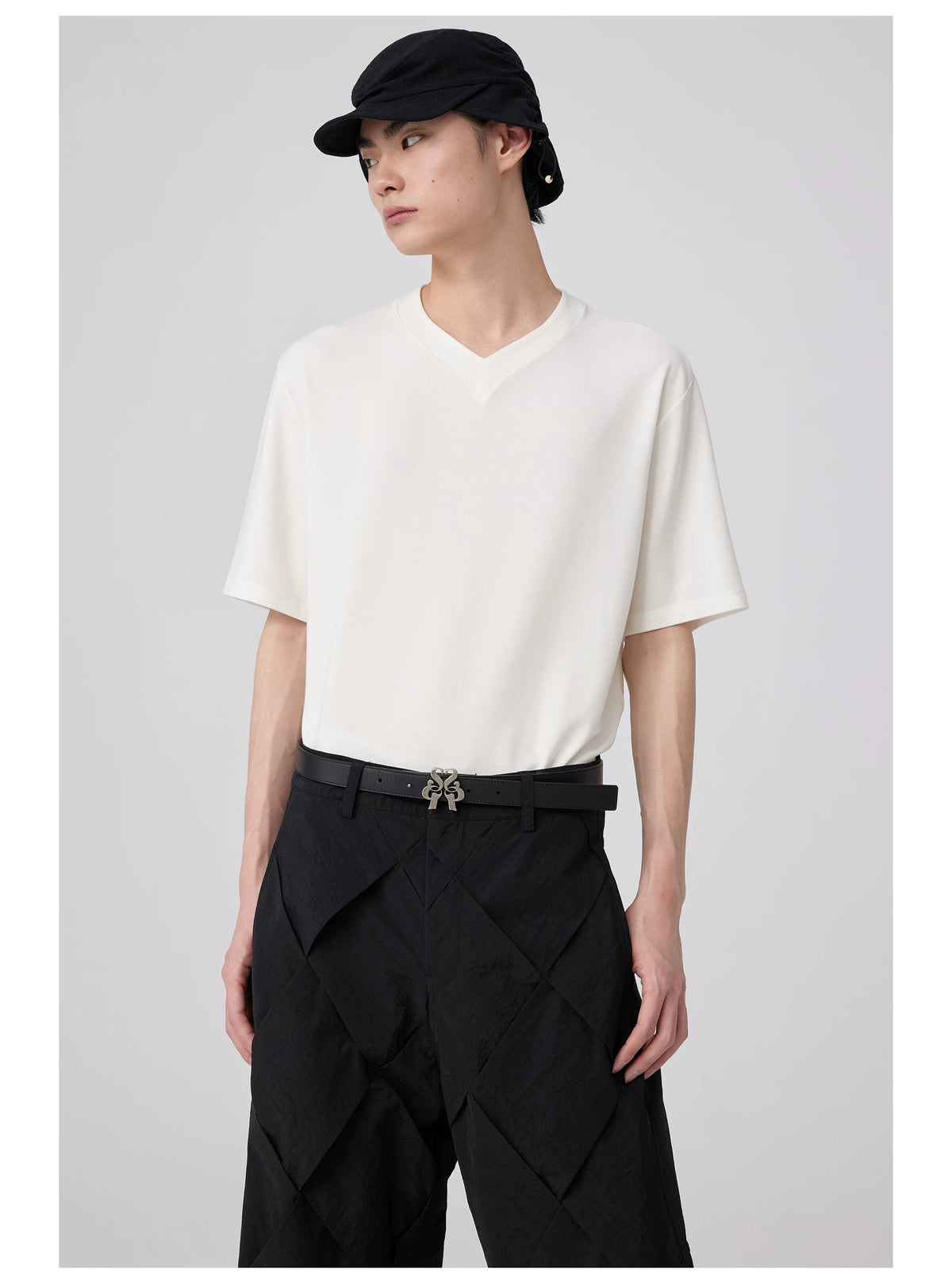 Simple Project Ruched Cotton Linen Hunter Cap - Black styled with V-neck tee