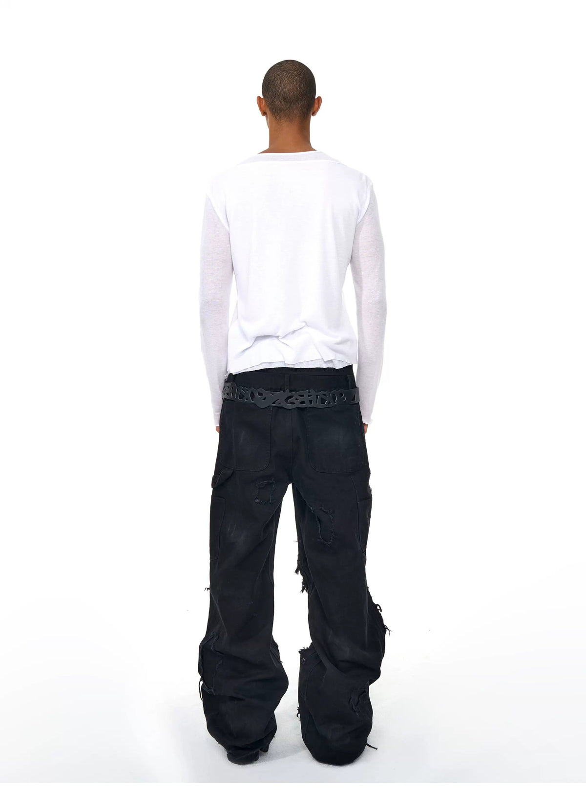 Back view of white long-sleeve tee