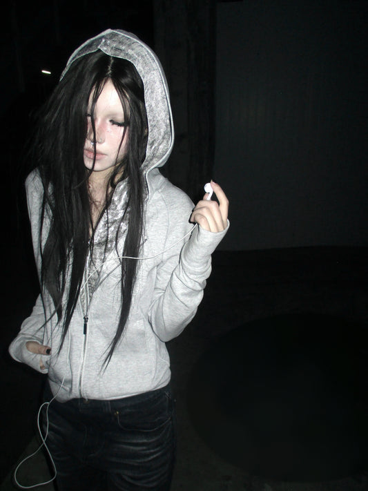 Silver Leopard Layered Zip-Up Hoodie - model with hood up