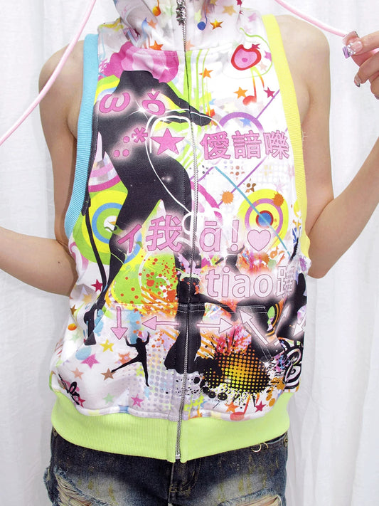 CFIERCE Music Note Print Sleeveless Zip Hoodie - multicolor music note sleeveless hoodie front detail