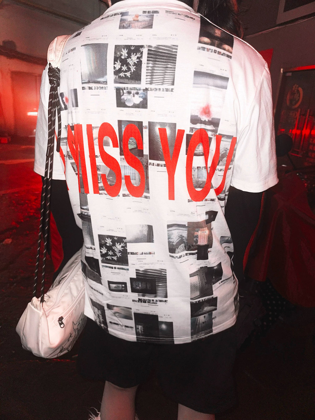 I Hate You / I Miss You Graphic T-Shirt - back slogan and photo collage on model