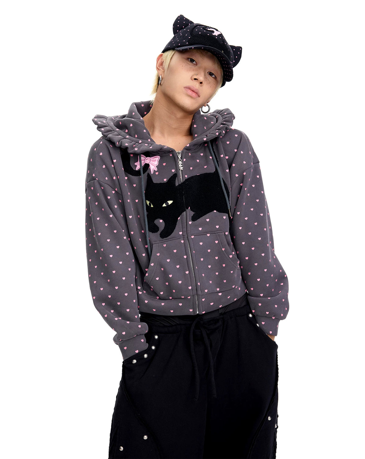 CFIERCE Black Cat Heart Dot Cat-Ear Zip Hoodie - gray hoodie styled with black pants
