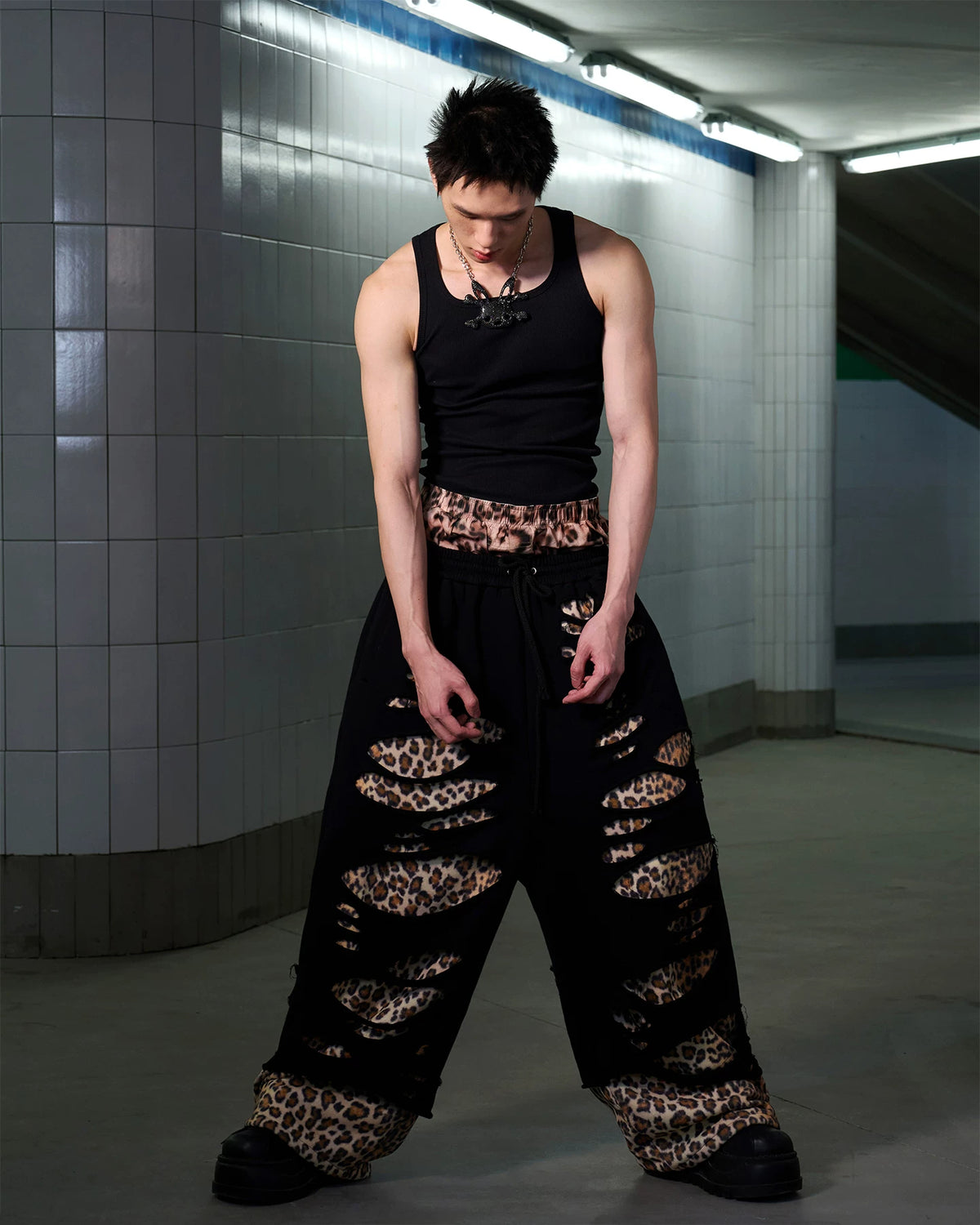CFIERCE Leopard-Panel Ripped Double-Layer Sweatpants - view 16