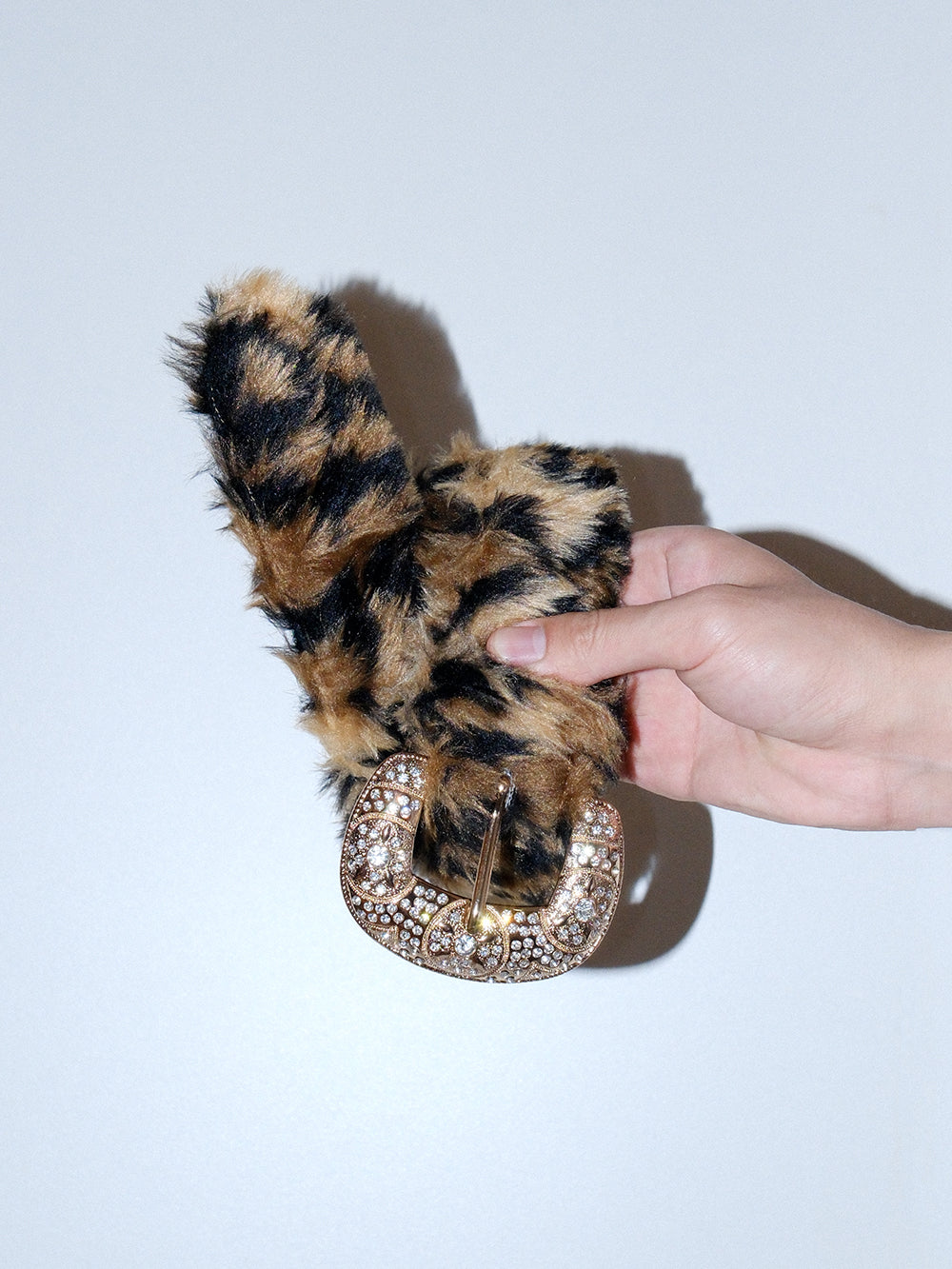 Y2Kレトロフェイクファーヒョウ柄ラインストーンベルト