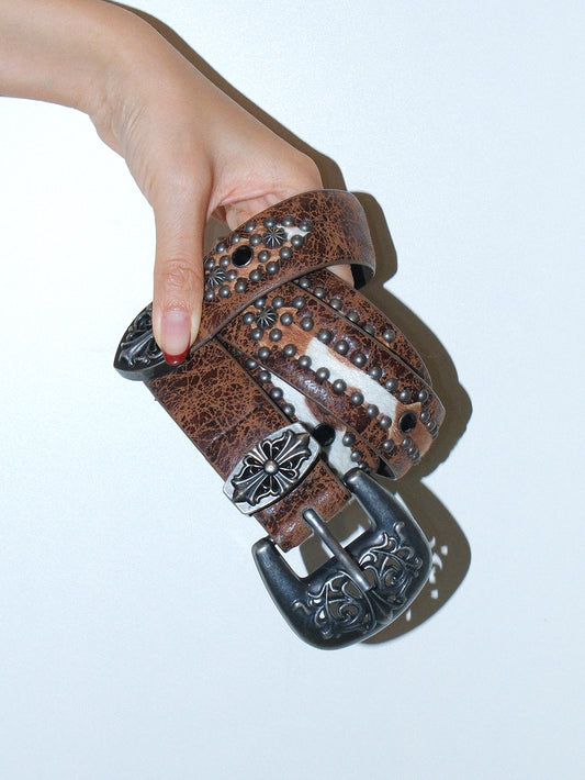 Distressed Studded Engraved Buckle Belt
