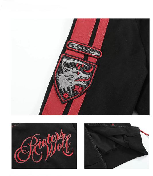 Black Red Patchwork Blood Wolf Suede Jacket
