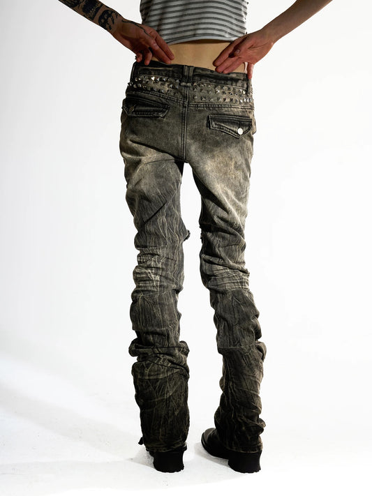 Night Lab 2026 "Banana Cut" Khaki Denim - Vintage Rock Aesthetic Slim Stacked Trousers