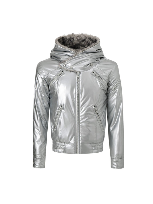 Metallic Silver "Devil" Bomber - Visual Kei High Collar Padded Jacket