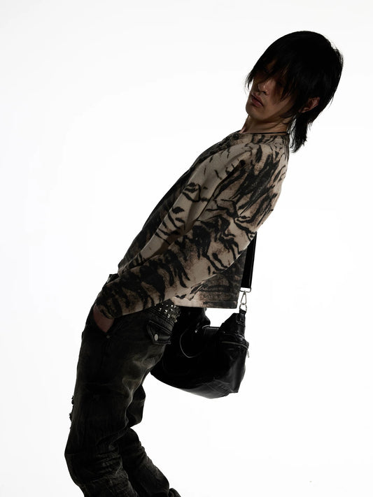 Night Lab Y2K Mixed Animal Print Henley Sweater - Retro 2000s Cropped Boxy Knitwear