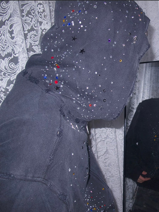 Rhinestone Starry Distressed Zip Up Jacket