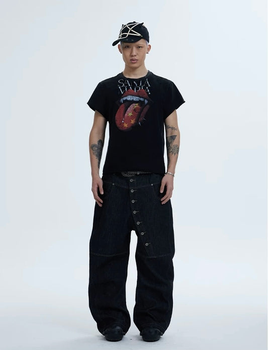 Curved Blade Cut Raw Denim Jeans