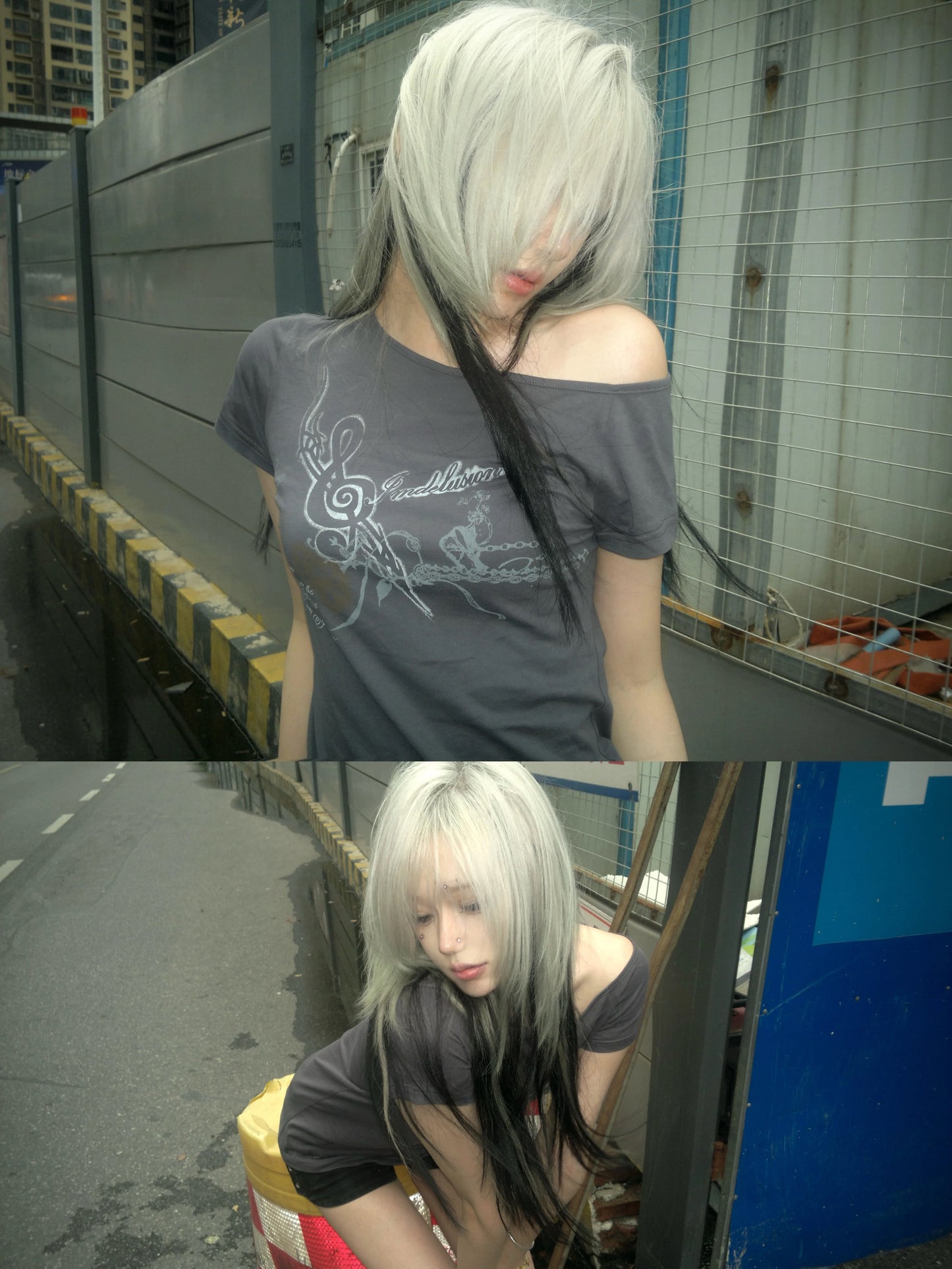 コットンオフショルダースリムフィットパンクプリントTシャツ
