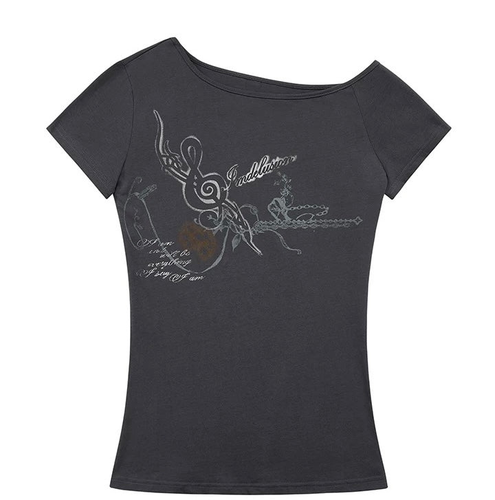 コットンオフショルダースリムフィットパンクプリントTシャツ