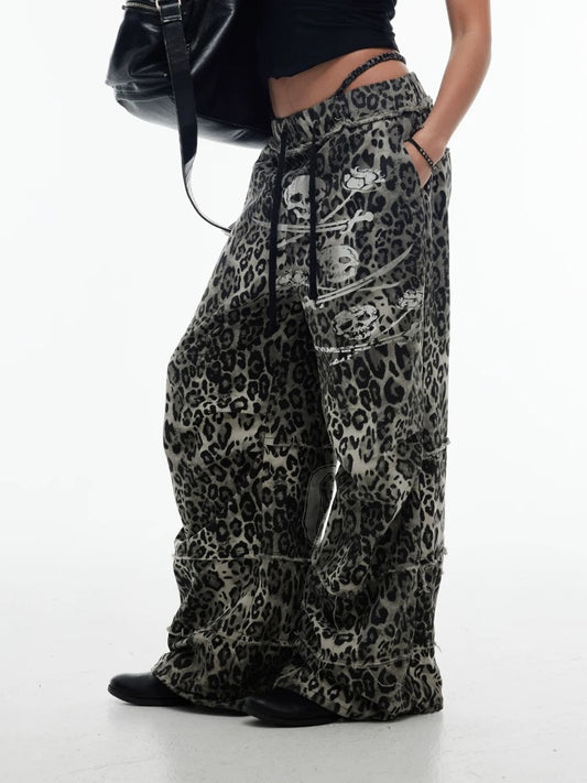 Unisex Leopard Print Pleated Cargo Pants
