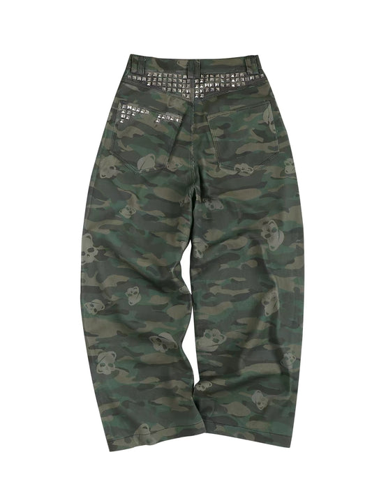 Night Lab Retro Camouflage Wide-Leg Cargo Pants - Studded Skull Detail Baggy Sweats
