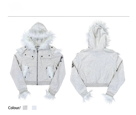 Crest Print Frayed Patchwork Fur Collar Jacket