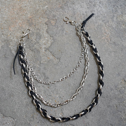 編み込みレザートリプルチェーンメタルフックパンツチェーン