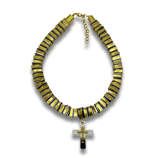 Handmade Gold Cross Contrast Color Necklace