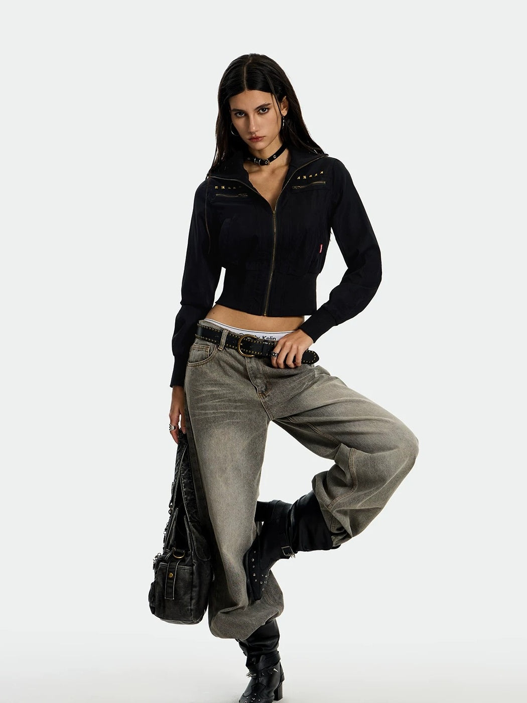 0123Start Studded Camo Cropped Utility Jacket - Black full look