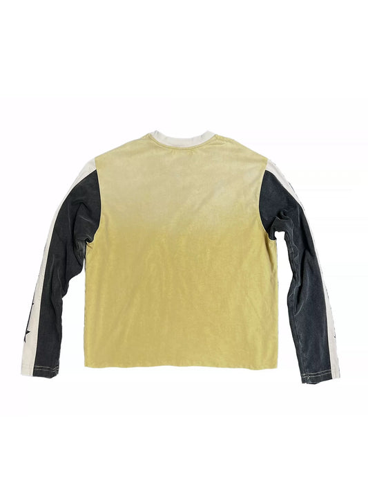 Washed Star Patchwork Distressed Long Sleeve T-Shirt - Faded Yellow back