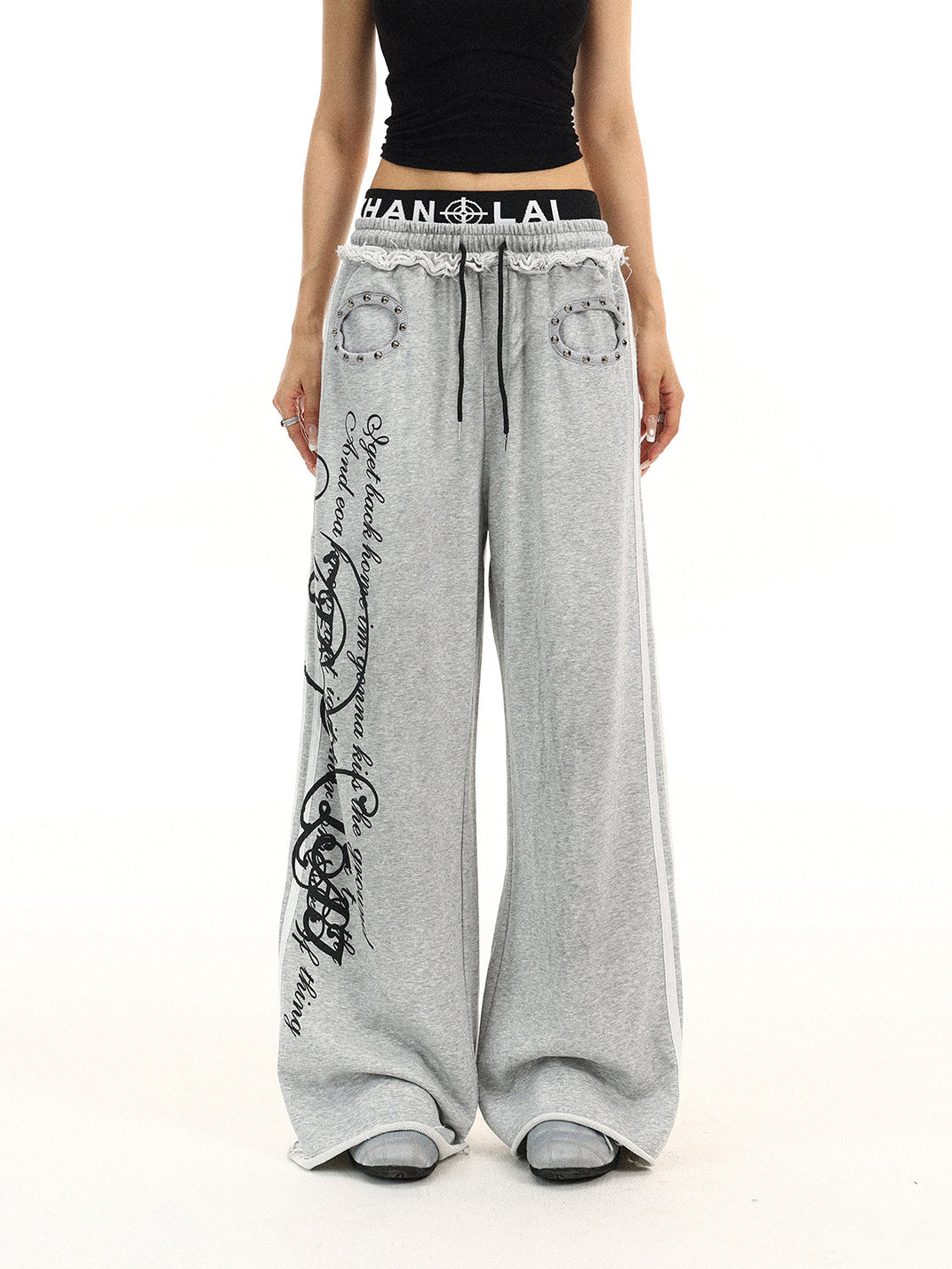 BIGGOLD Studded Fake Two-Piece Double Waist Script Printed Sweatpants - view 1