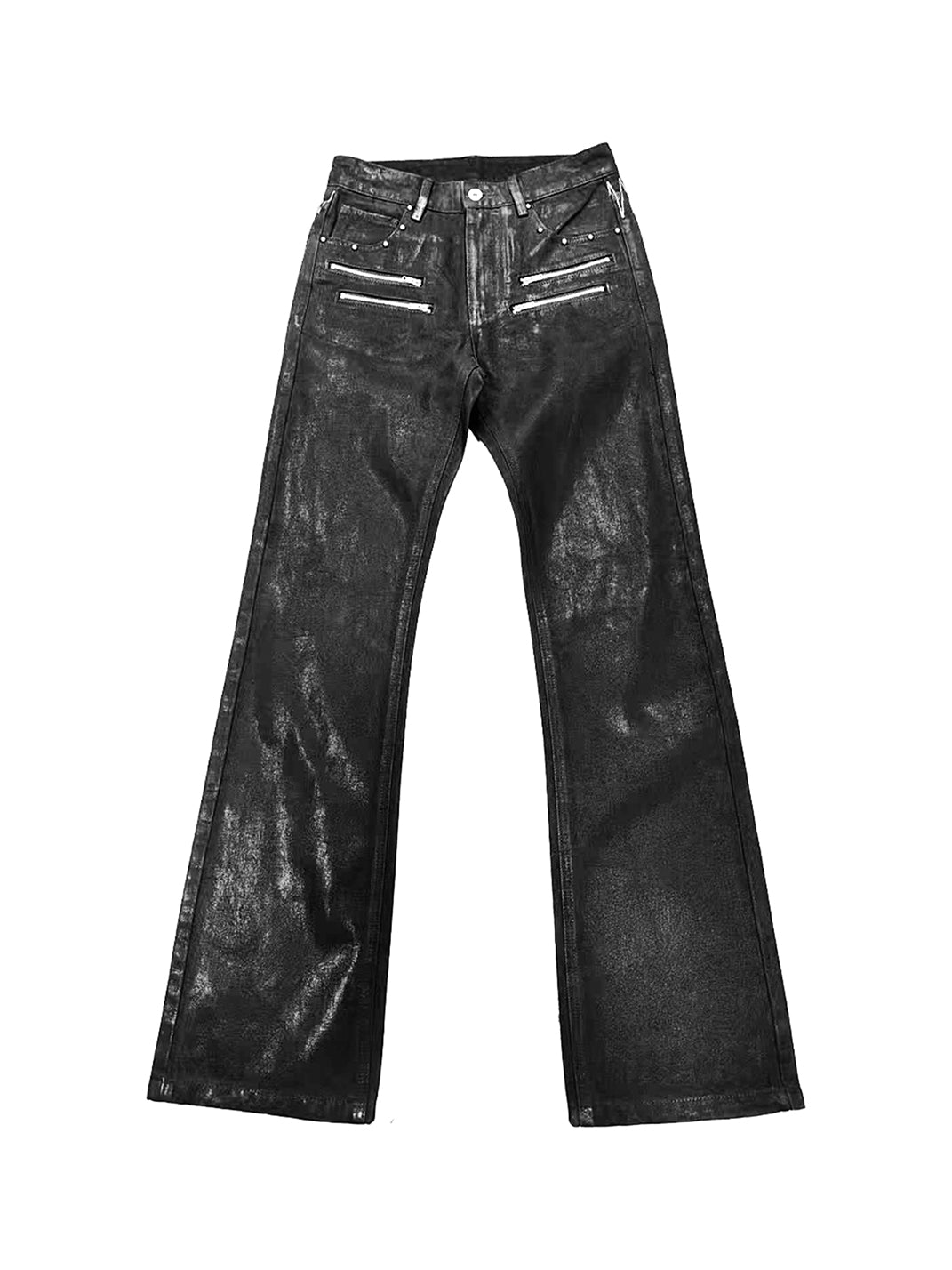 DETW Wax-Coated Asymmetric Stacked Jeans - Black