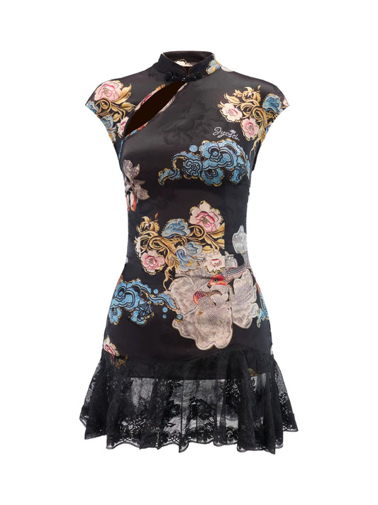 JYOSEI China-Inspired Floral Lace Mini Dress - Black