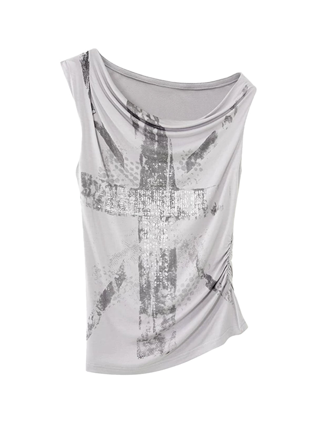 Imdelusion Asymmetric One-Shoulder Union Jack Silver Foil Graphic Tank Top - view 1