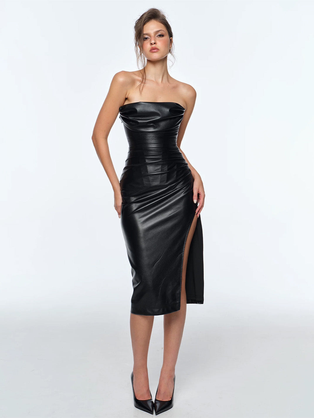 BUM STUDIO Strapless Gathered PU Midi Dress - Black