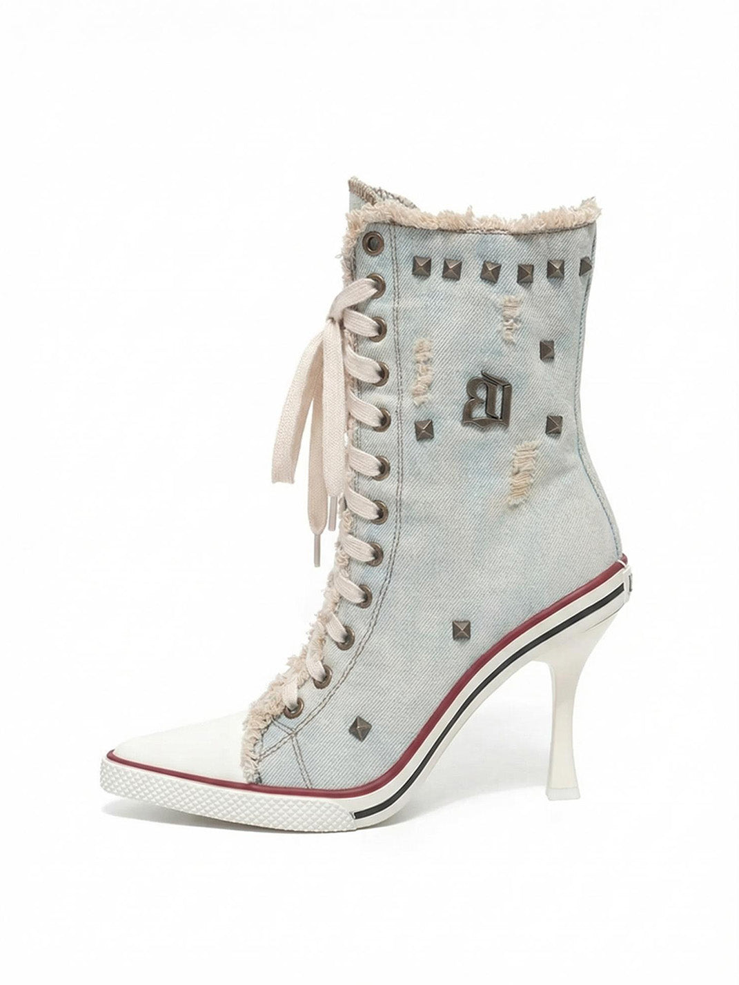 UnicornBlood Distressed Studded Washed Denim High Heels - Light Blue