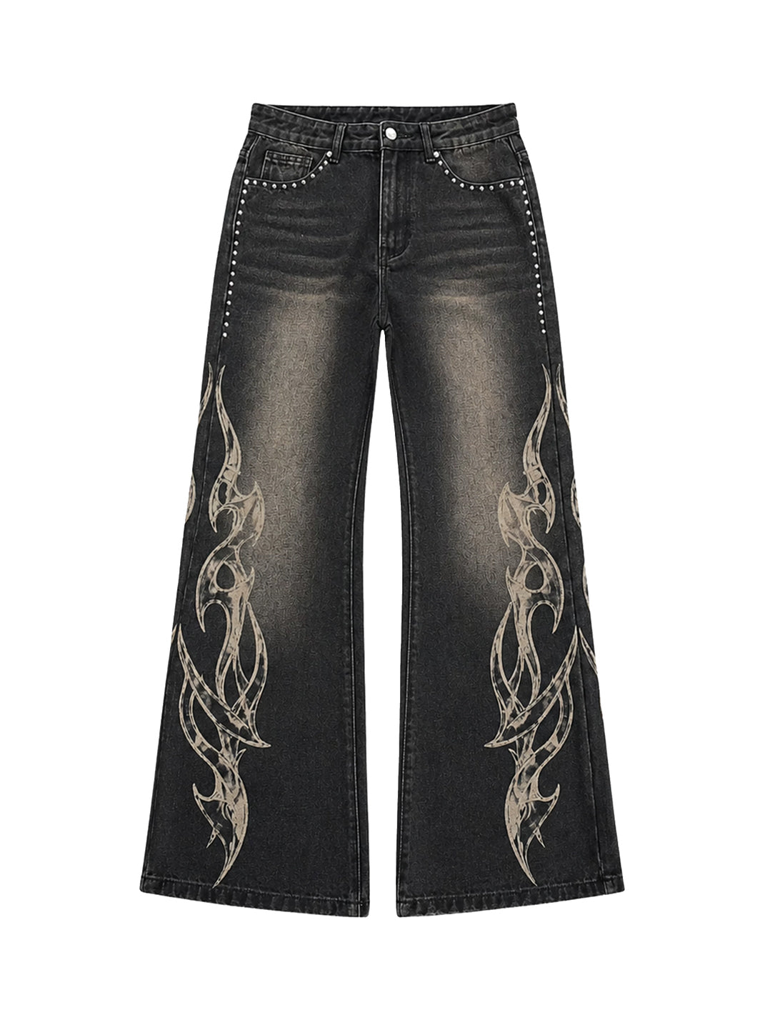 PAIKI Distressed Washed Flame Print Studded Wide Leg Jeans - Washed
