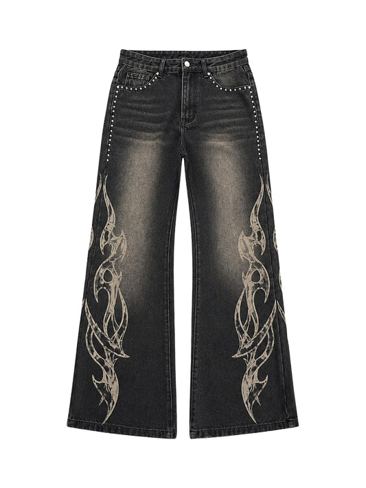 PAIKI Distressed Washed Flame Print Studded Wide Leg Jeans - Washed