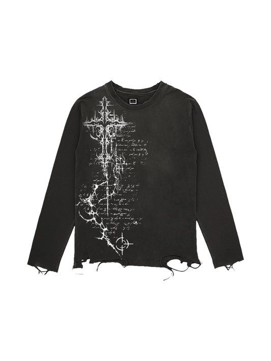 SHIBU Vintage Distressed Gothic Cross Long Sleeve T-Shirt - Black