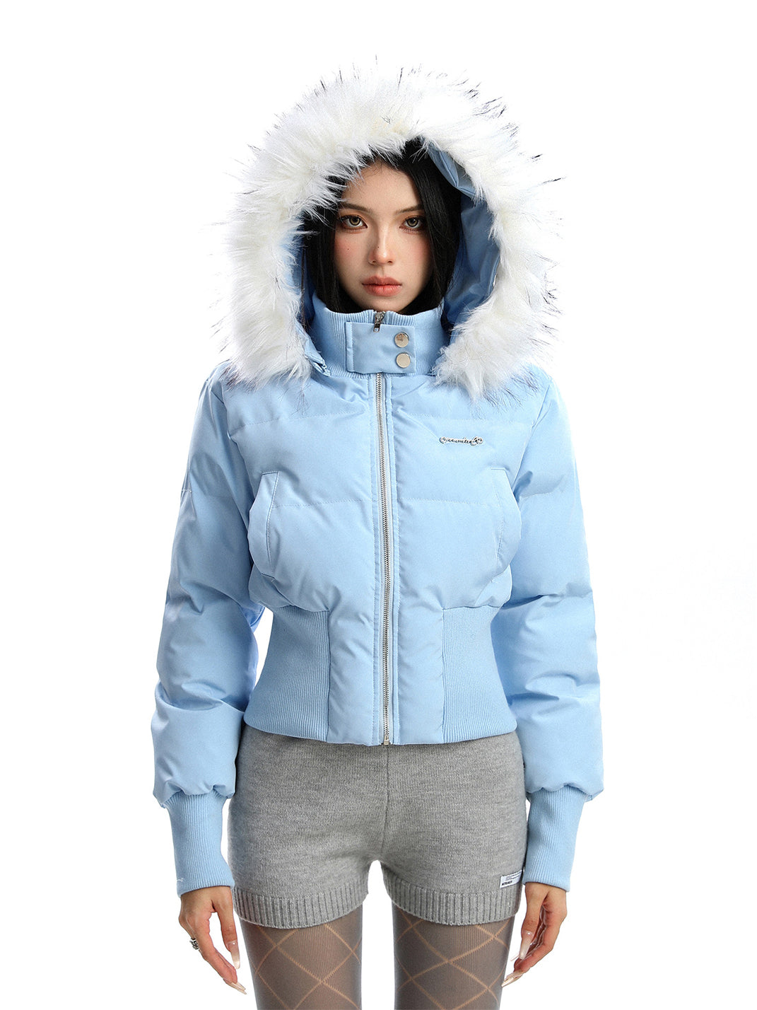 BIGGOLD Removable Fur-Collar Hooded Cotton-Padded Jacket - Blue