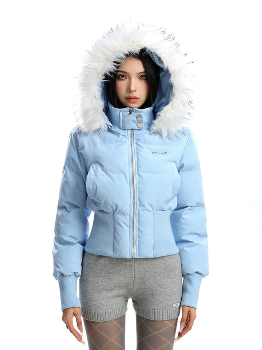 BIGGOLD Removable Fur-Collar Hooded Cotton-Padded Jacket - Blue